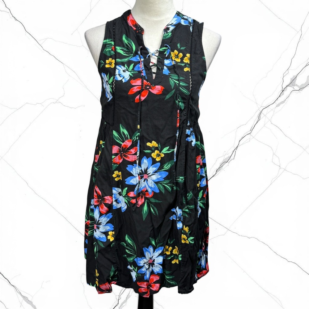 Old Navy Floral Sleeveless‎ Dress Womens XS Black Cottagecore Rayon V-Neck